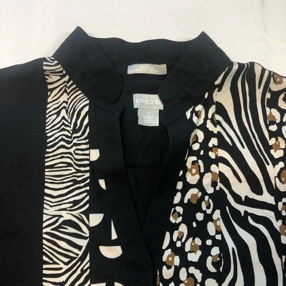 Chico’s Tunic Blouse 3/4 French Cuffs Patchwork Side Slit Animal Print Zebra - Picture 6 of 9